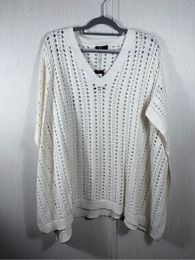 Bruno Magli Cream Eyelet Open-Knit V-Neck Sweater Poncho